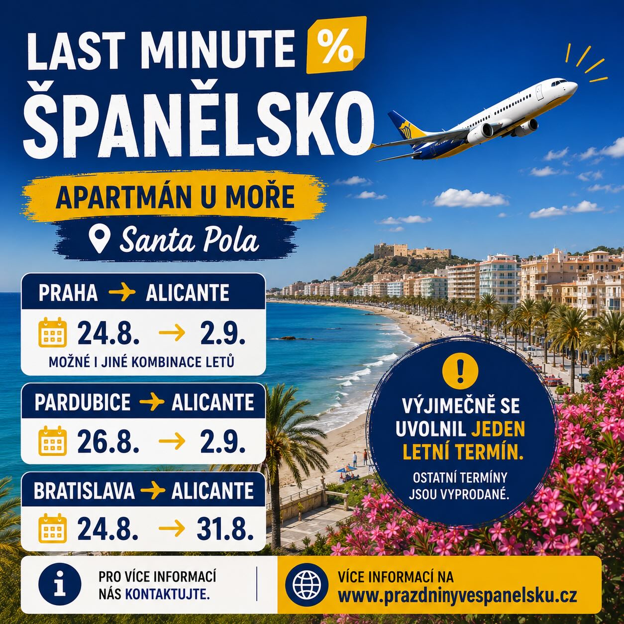 🌴☀️✈️ *LETNÍ DOVOLENÁ V REZIDENCI SANTA POLA* 🇪🇸🏖️
Výjimečně se nám uvolnil jeden termín na přelomu srpna a září. 🌊
✈️ Možné odlety z Prahy, Pardubic i Bratislavy
🏠 Apartmán přímo u moře v Santa Pole
🚖 Jsme jen 15 minut od letiště Alicante a rádi pomůžeme se zajištěním transferu
🎫 Poradíme s výběrem a nákupem letenek
🍽️ Doporučíme restaurace, výlety i místa na nákupy
🤝 Jsme vám k dispozici před cestou i během pobytu
⚠️ Ostatní letní termíny jsou již obsazené.
📩 Napište nám zprávu pro více informací.
🌐 www.prazdninyvespanelsku.cz
#RezidenceSantaPola #PrazdninyVeSpanelsku #SantaPola #Alicante #CostaBlanca